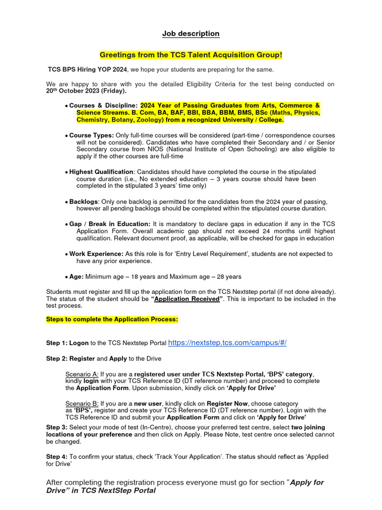 Tcs Bps 2024 Hiring | PDF