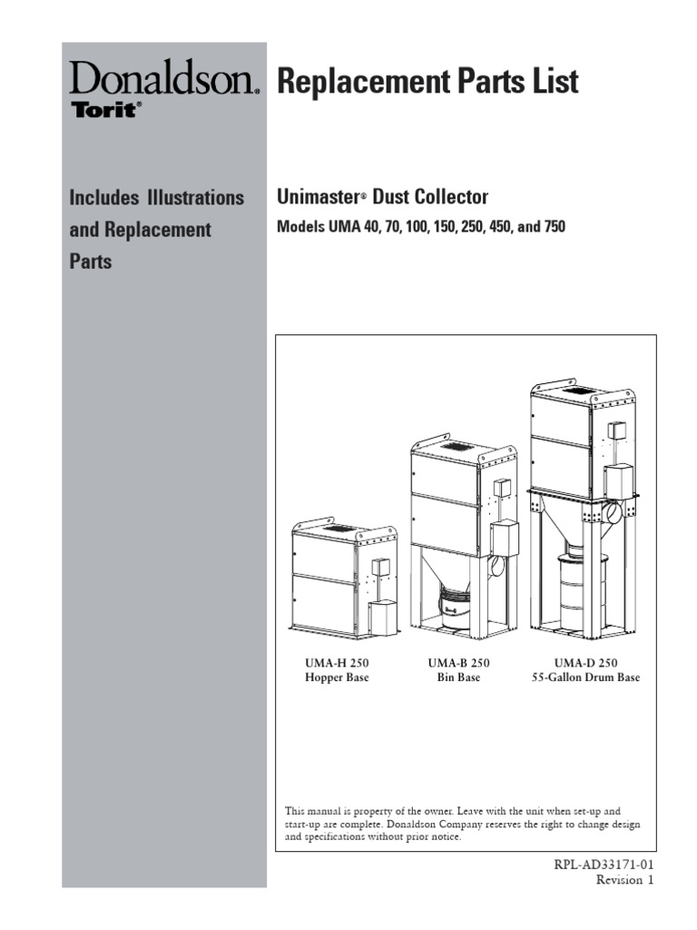 Donaldson Torit Dust Collection Replacement Parts List UMA 40750 RPL