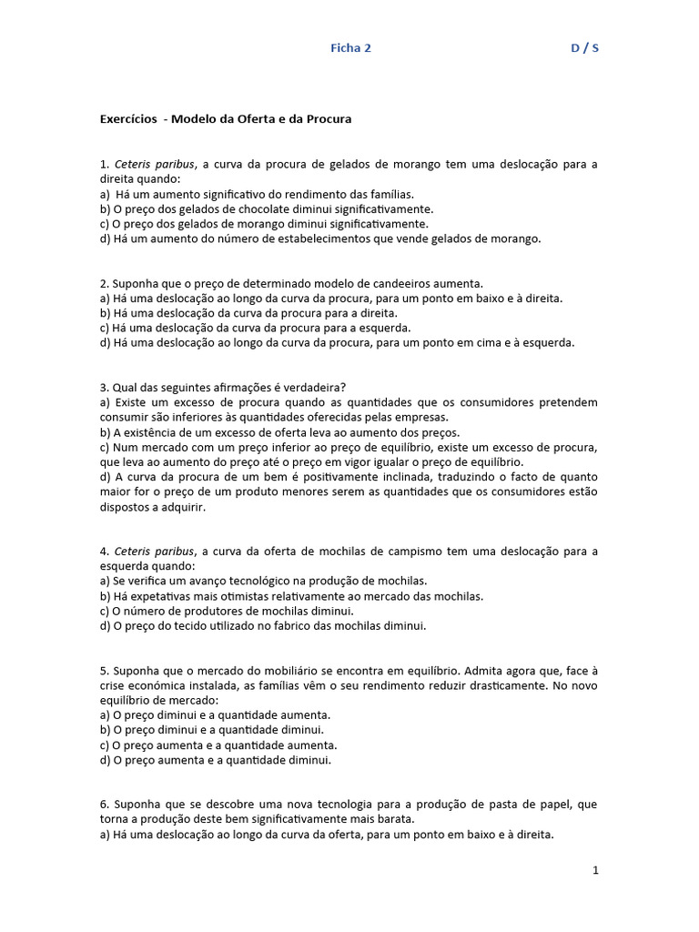 Exercícios sobre Oferta e Procura Econômica | PDF | Demanda ...
