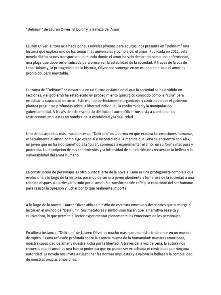Ensayo Delirium - Lauren Oliver | PDF