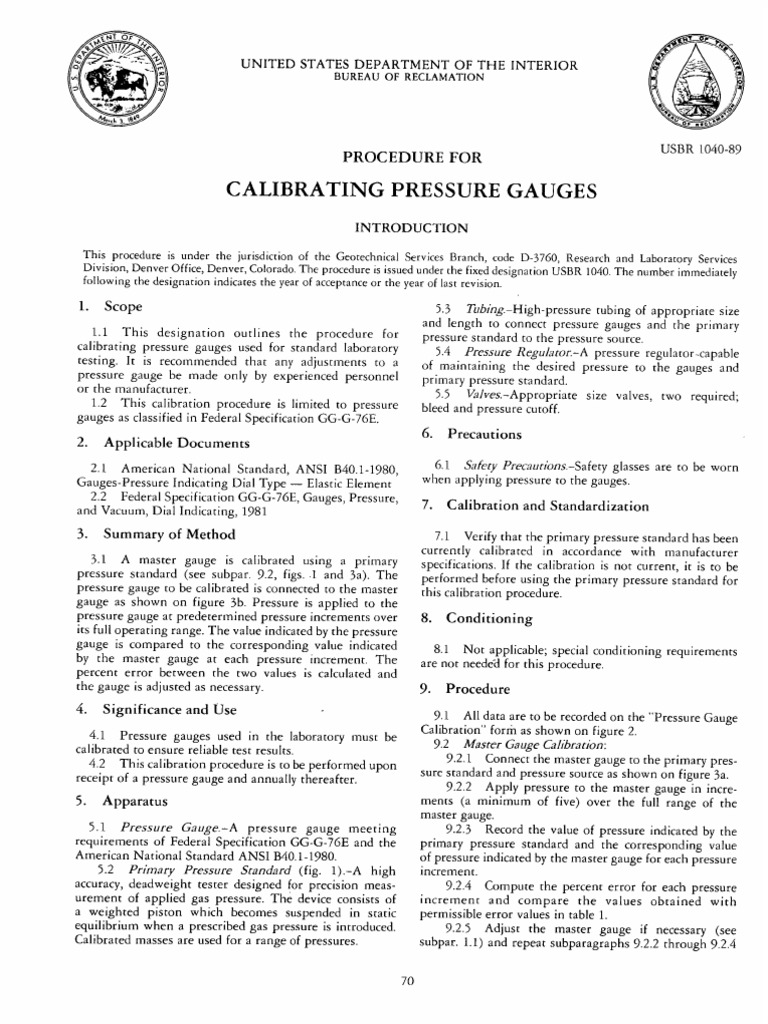 USBR1040 Procedure For Calibrating Pressure Gauges PDF