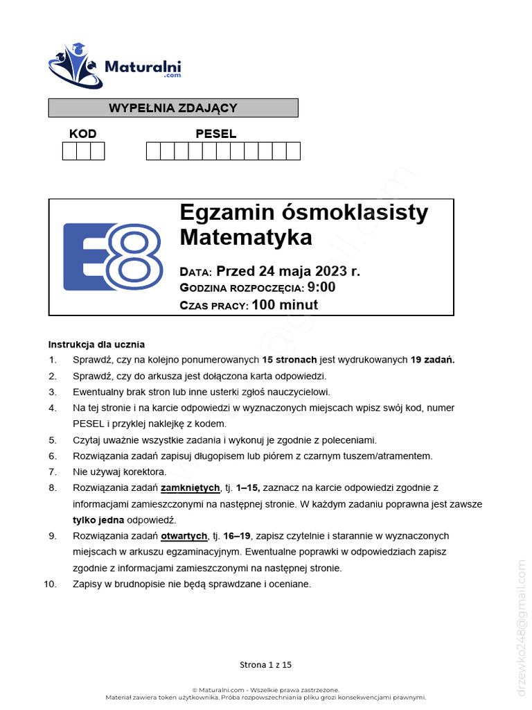 Powtórzenie Do Egzaminu ósmoklasisty Matematyka Pdf Próbny Egzamin Ósmoklasisty by Maturalni - Matematyka E8 | PDF