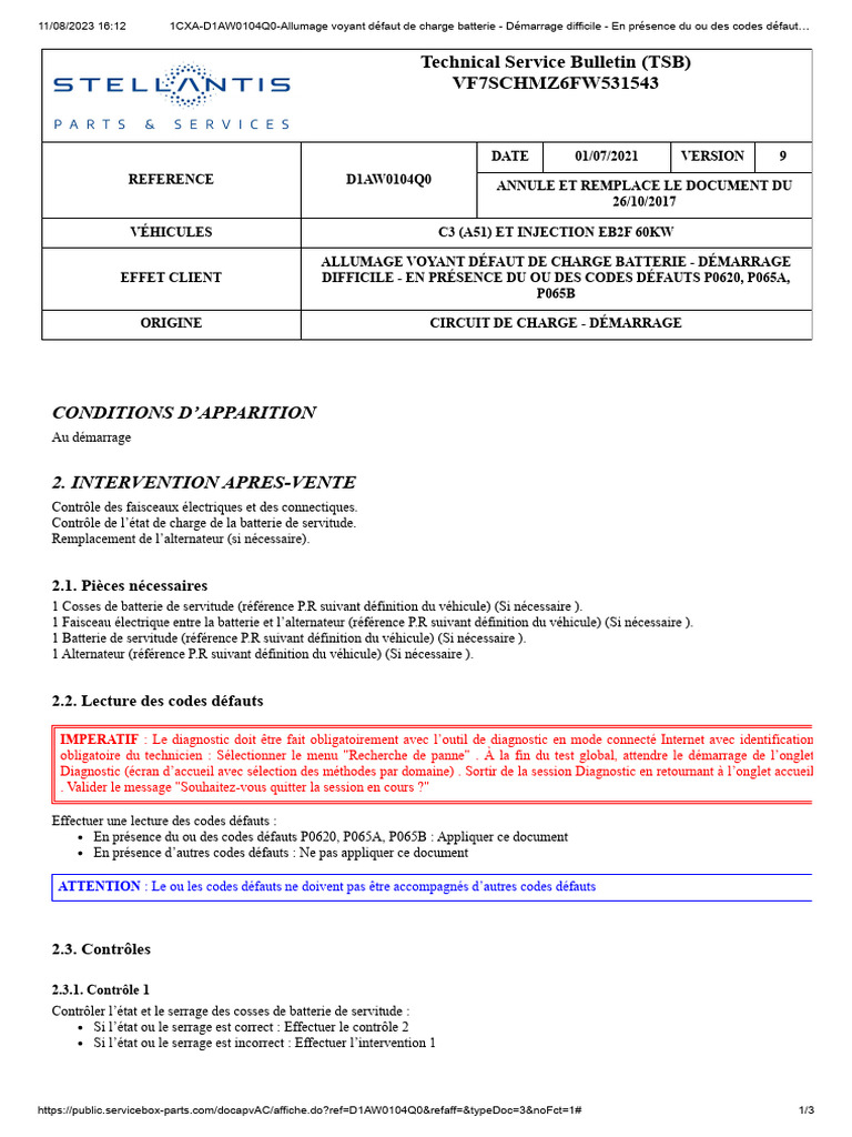 Diagnostic P0620 et P065A Citroën C3 | PDF