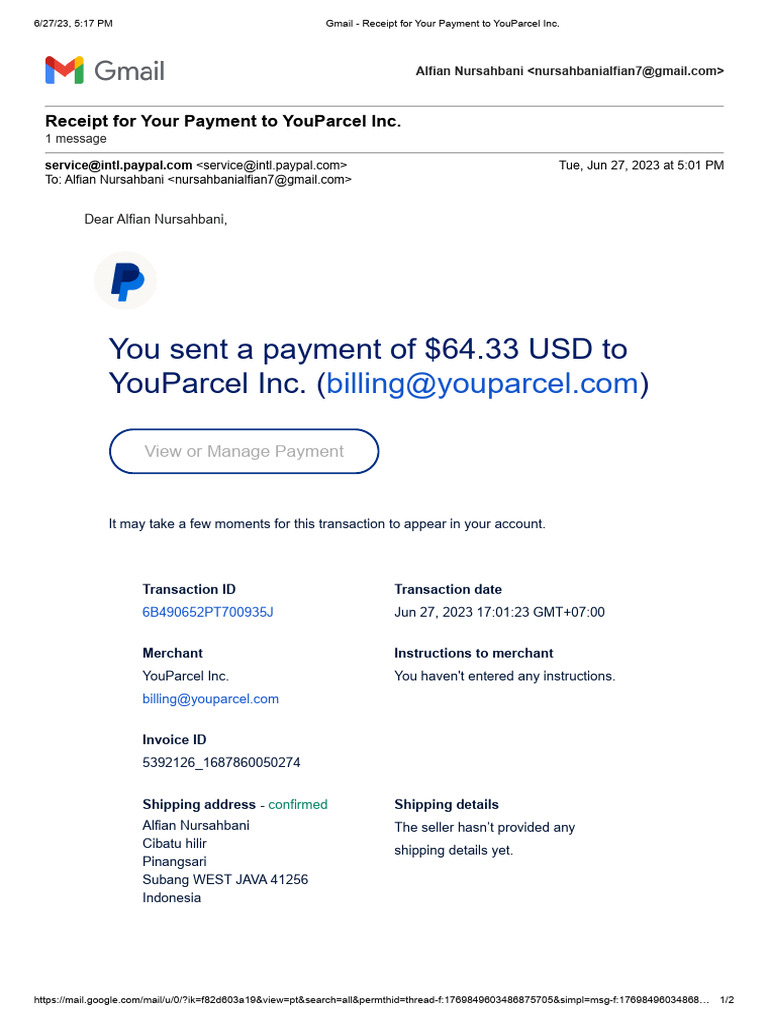 Gmail Receipt For Your Payment To YouParcel Inc PDF Pay Pal Receipt
