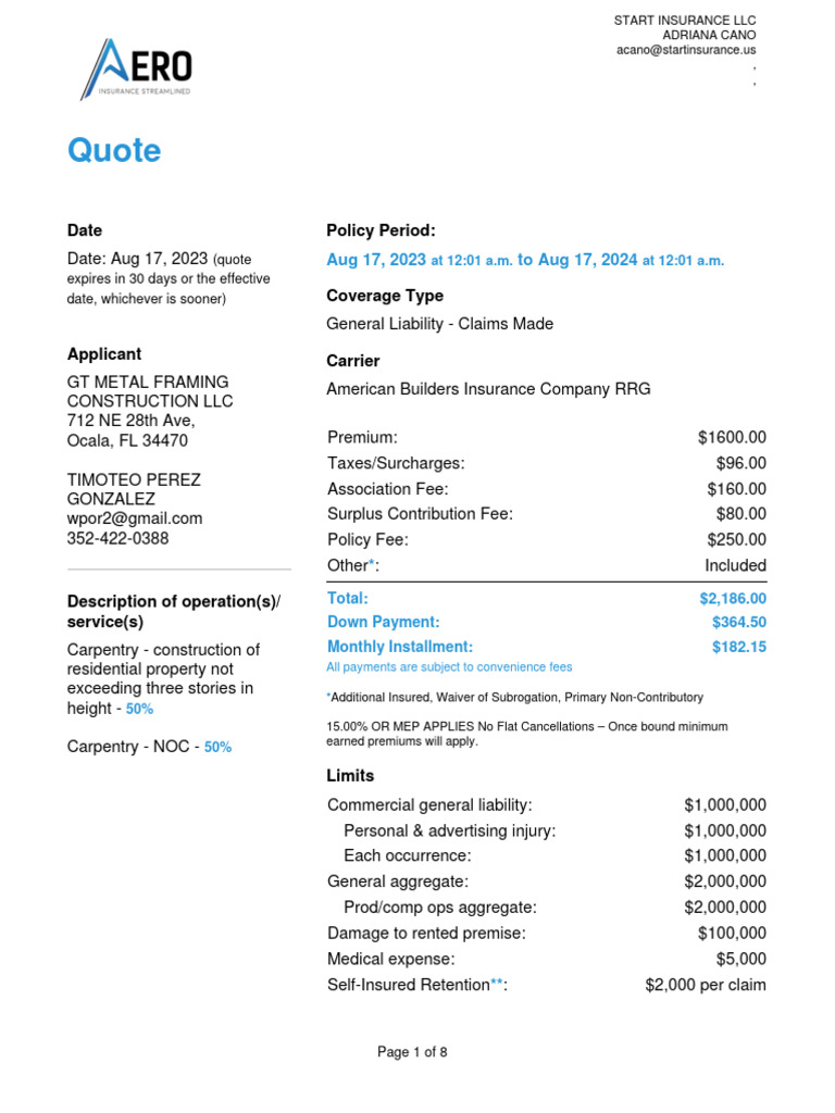GT Metal Framing Liability Quote | PDF | Liability Insurance | Insurance