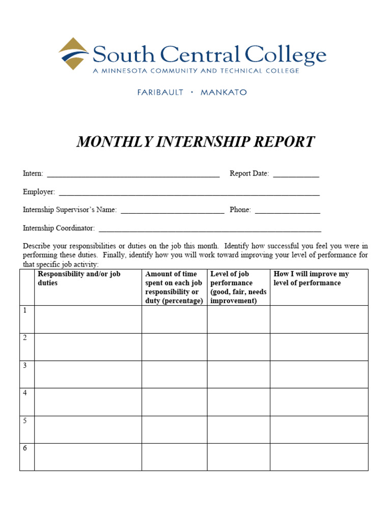 Monthly Internship Report Template Pdf