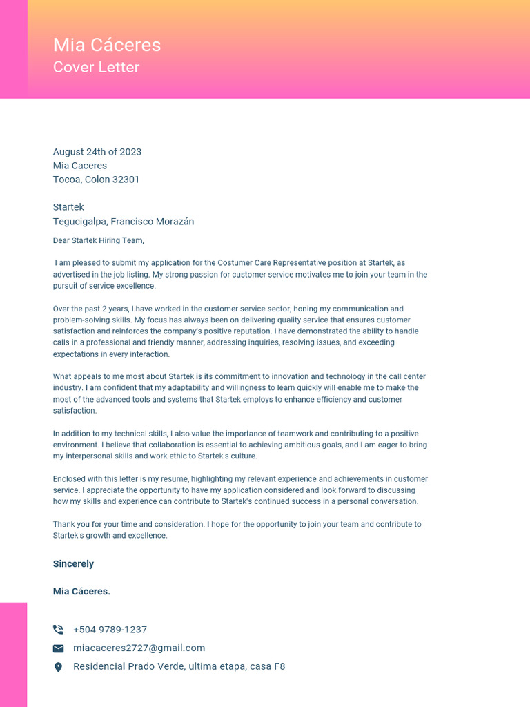 Startek Cover Letter Pdf