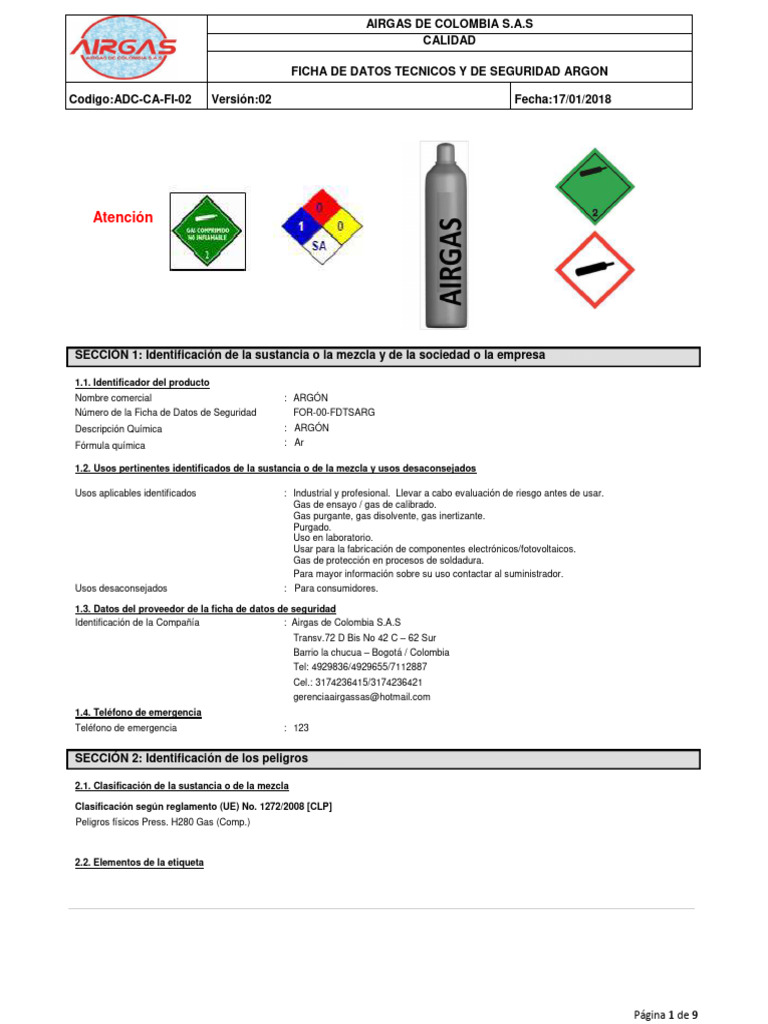 Ficha de Seguridad del Argón - Airgas | PDF | Agua | Vapor