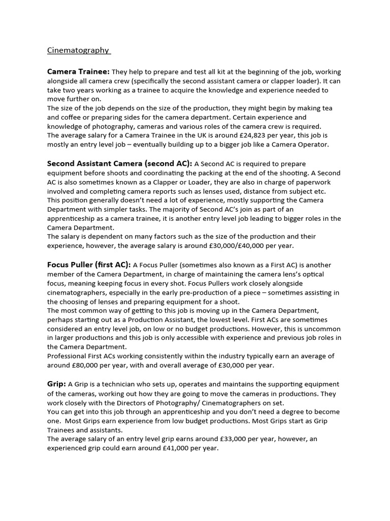 Camera Department Roles and Salaries | PDF | Camera | Cinematography