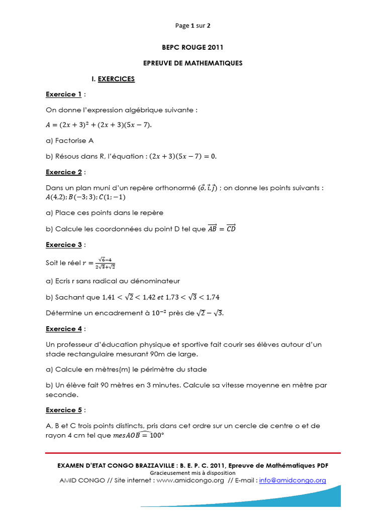 Sujet BEPC Maths 2011 Congo Brazzaville | PDF | Algèbre | Mathématiques
