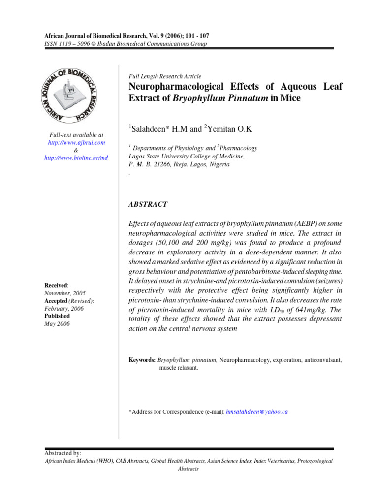 Neuropharmacological Effects of Aqueous Leaf Extract of Bryophyllum ...