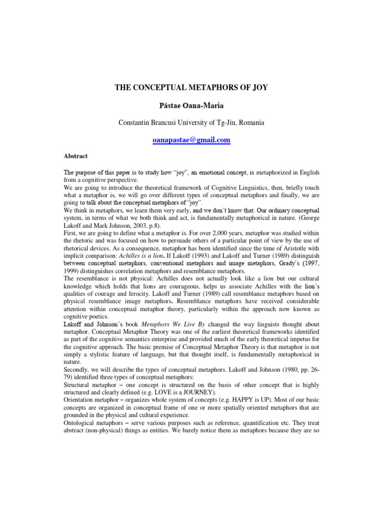 The Conceptual Metaphors of Joy PDF Metaphor Concept