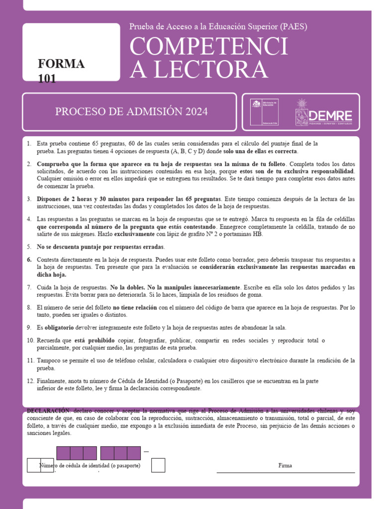 2024 23 06 20 Paes Invierno Oficial Competencia Lectora p2024 | PDF