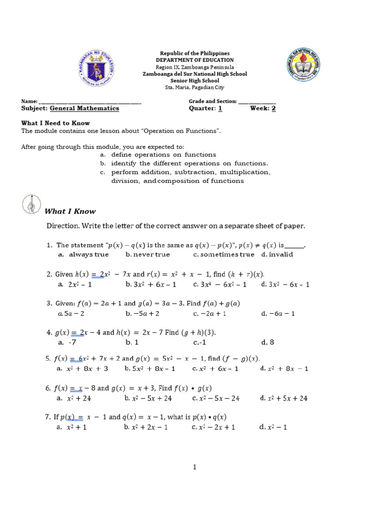 Operations on Functions Module | PDF
