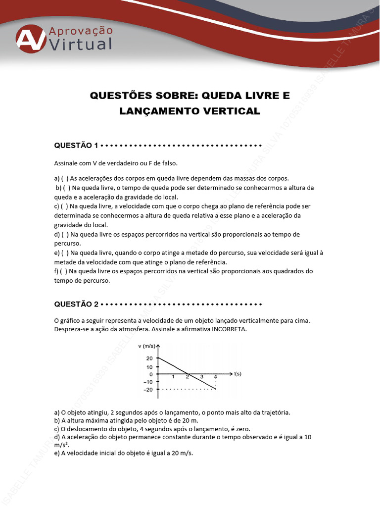 Questões sobre Queda Livre e Lançamento Vertical | PDF | Gravidade ...