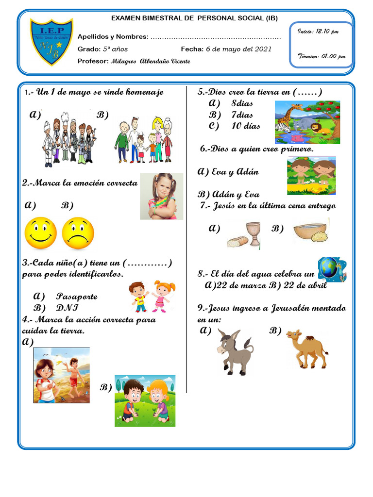 Examen Bimestral de Personal Social Ositos | PDF