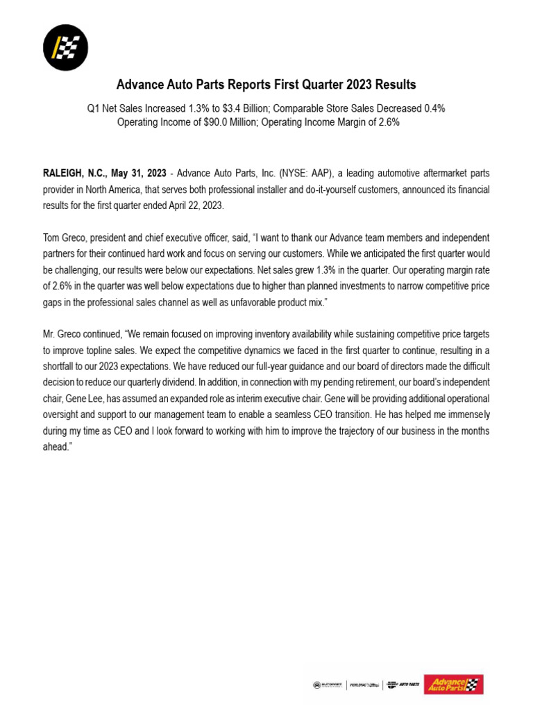 AAP Q12023 Earnings Release Final PDF Balance Sheet Cash Flow