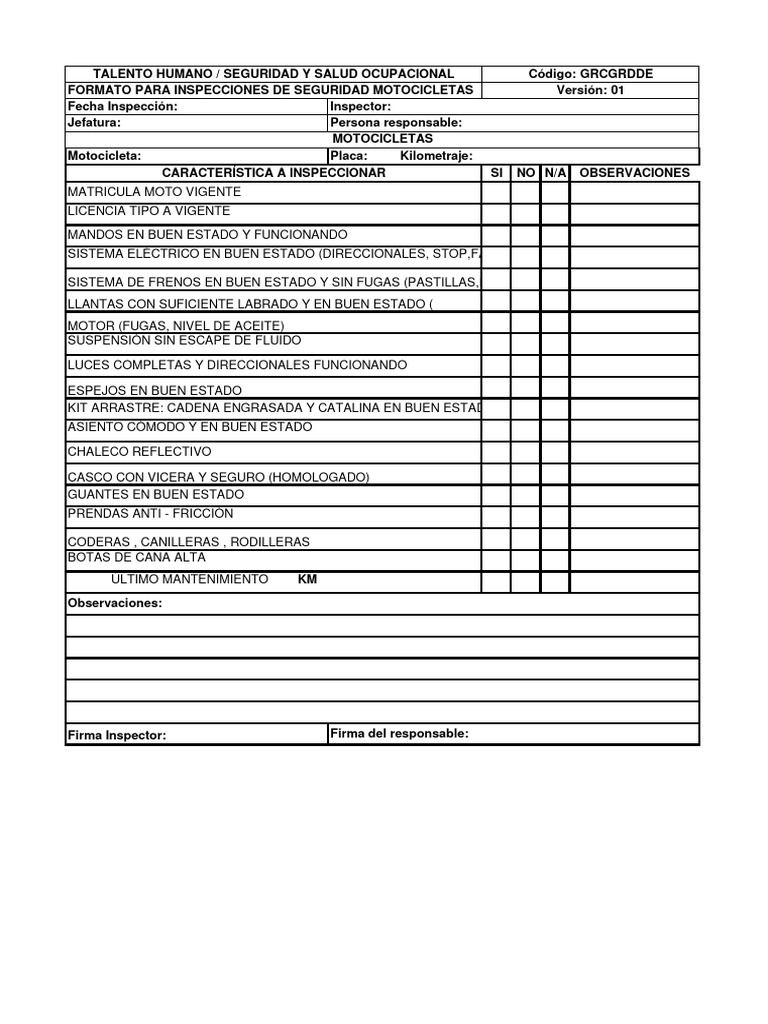 Formato de Inspección de Motocicletas | PDF