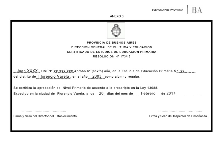 Certificado de Estudios Primarios EGB | PDF