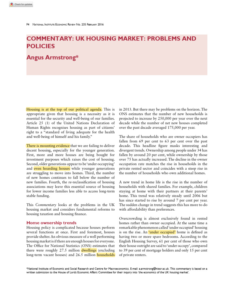 Armstrong 2016 Commentary Uk Housing Market Problems and Policies PDF