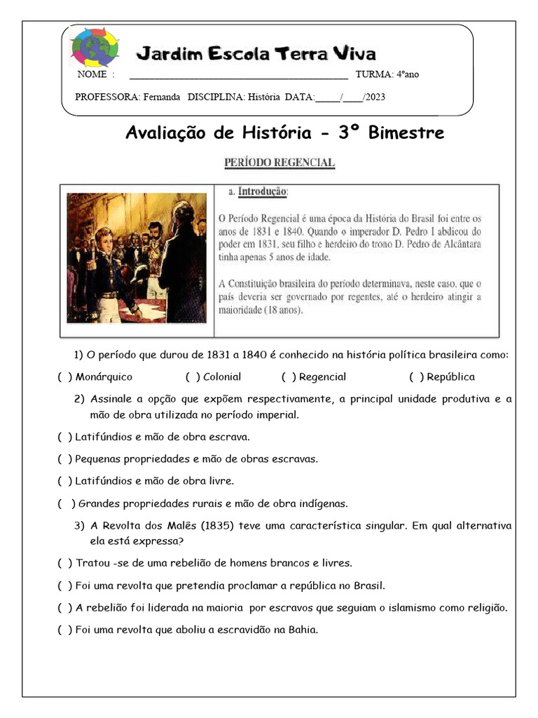 Avaliação de História 4 Ano 3° Bimestre | PDF