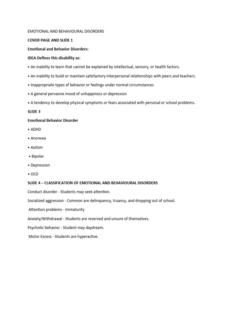 Emotional and Behavioural Disorders Presentation | PDF | Mental ...