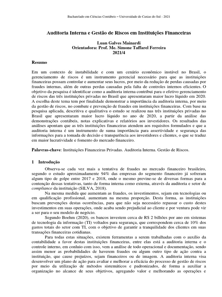 Auditoria Interna e Gestão de Riscos Financeiros | PDF | Finanças e ...