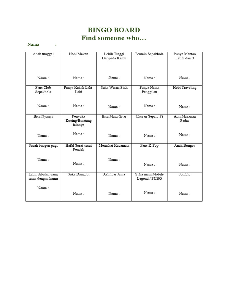 Bingo Perkenalan Diri Kreatif | PDF