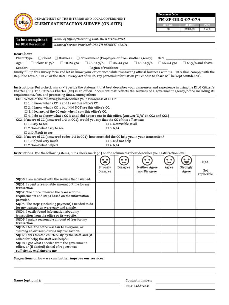 Fm sp dilg 07 07a client satisfaction survey on site english version