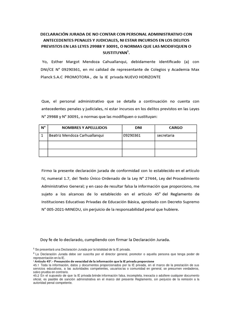 Declaración Jurada de Personal Educativo | PDF | Política | Ciencias ...