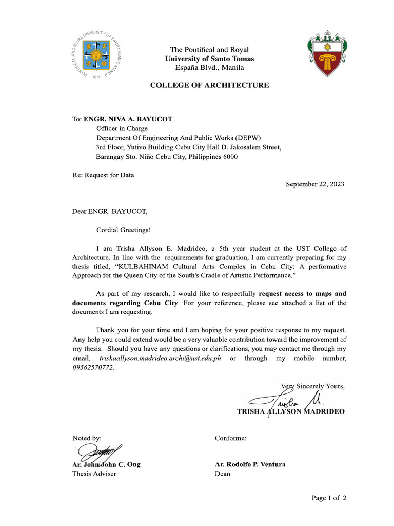 Ust Architecture - Trisha Madrideo (5th Year) - Letter of Request For ...