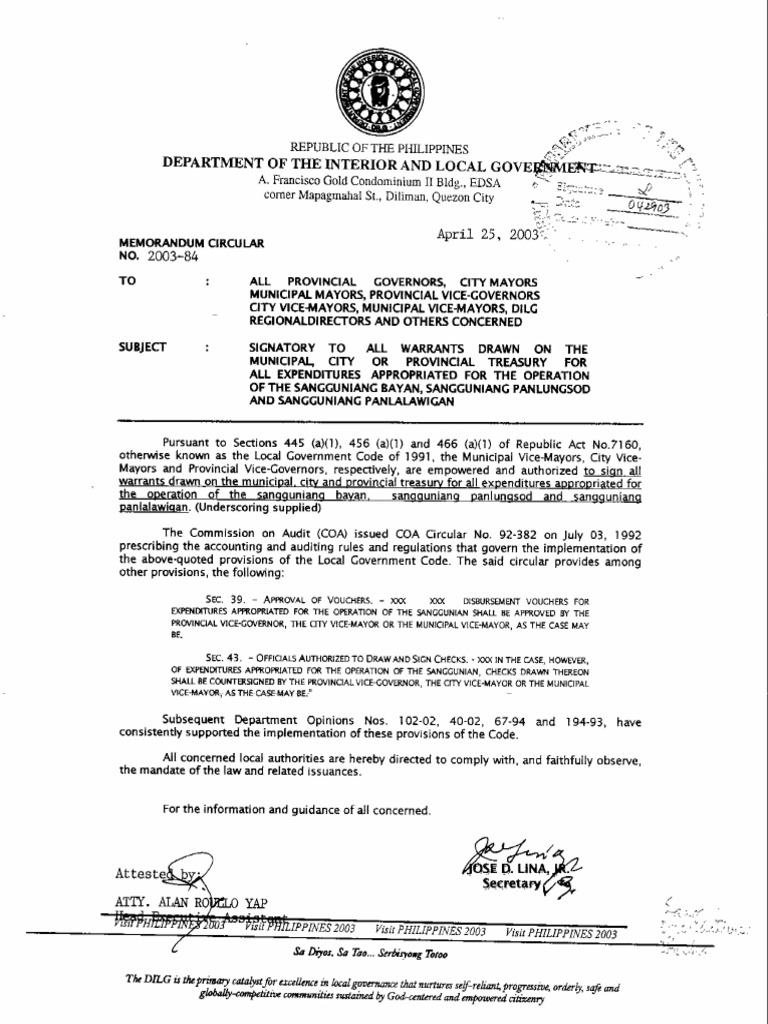 Dilg memo cir no 2003 084 authority of vm to sign checks for sb pdf