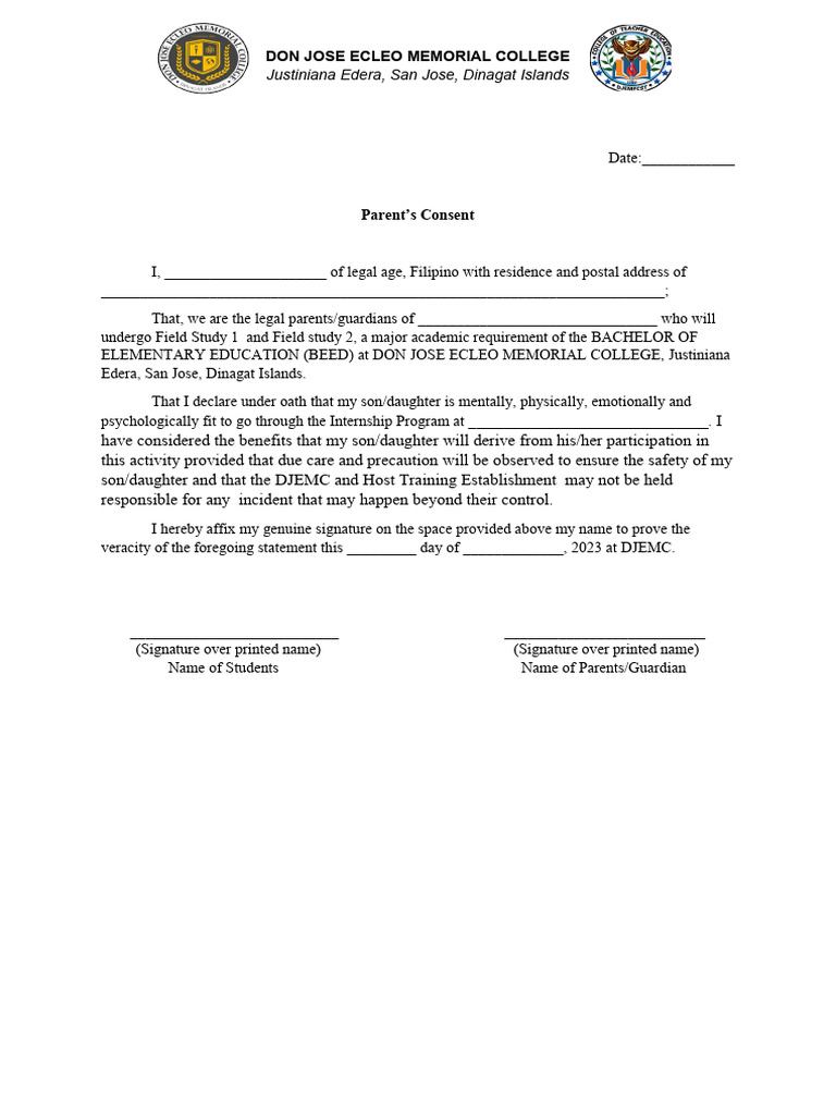 Parent Consent Form for DJEMC Internships | PDF | Psychology | Human ...