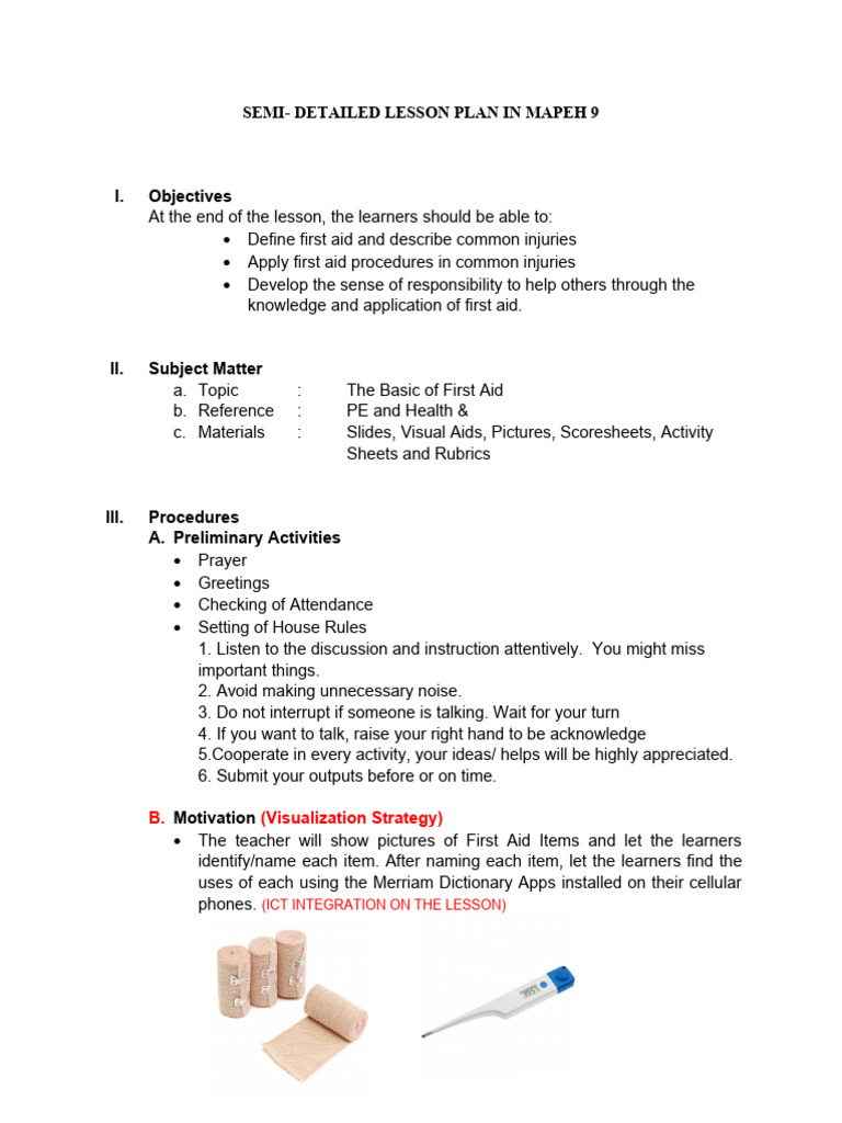 First Aid Lesson Plan for MAPEH 9 | PDF