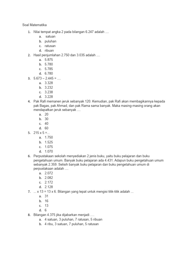 Soal Matematika Kelas 3sd Pdf