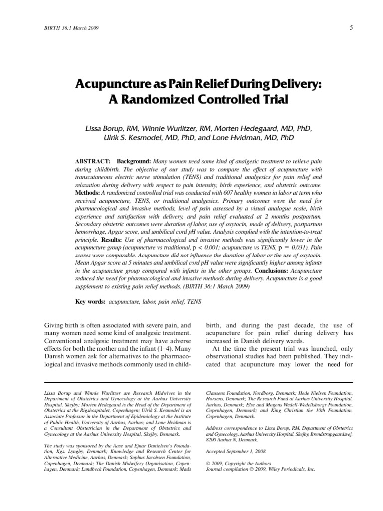 Birth 2009 Borup Acupuncture As Pain Relief During Delivery A