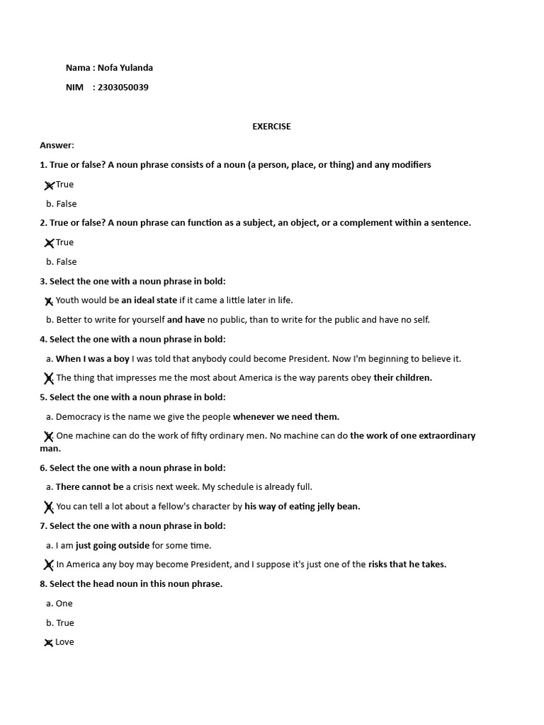 Noun Phrase Quiz for Students | PDF | Language Arts & Discipline