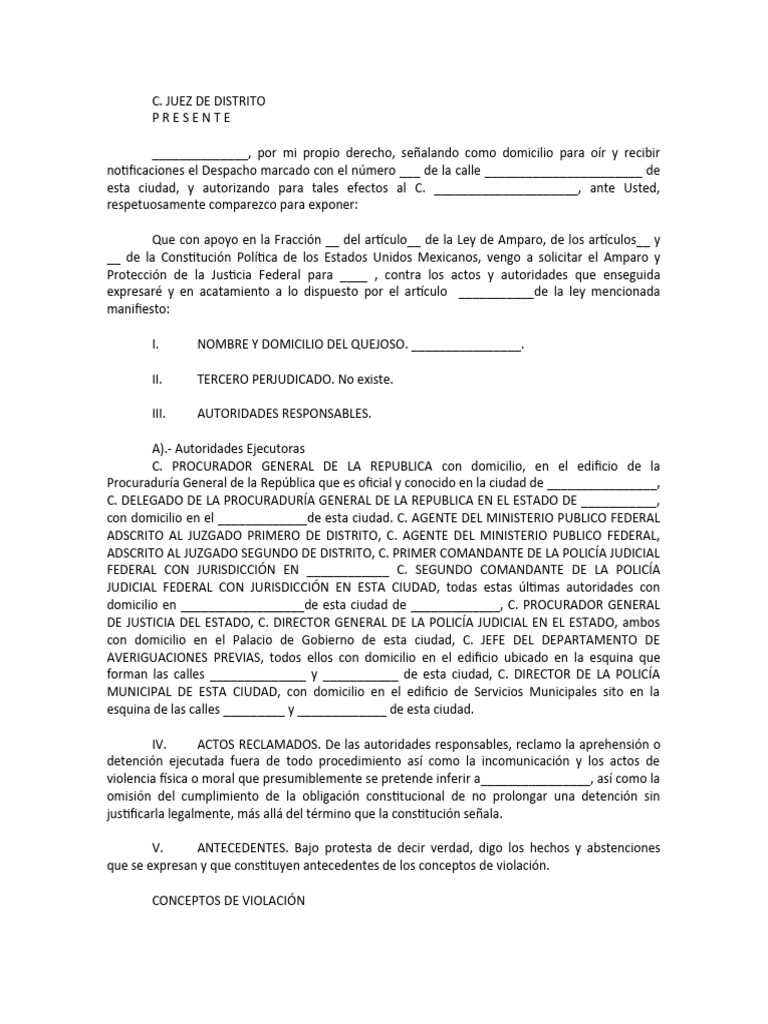 Demanda de Amparo Indirecto Contra Orden de Detención Federal. | PDF ...