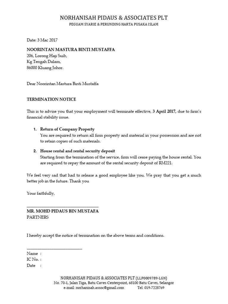 Termination Notice for Noorintan Mastura | PDF | Finance & Money Management