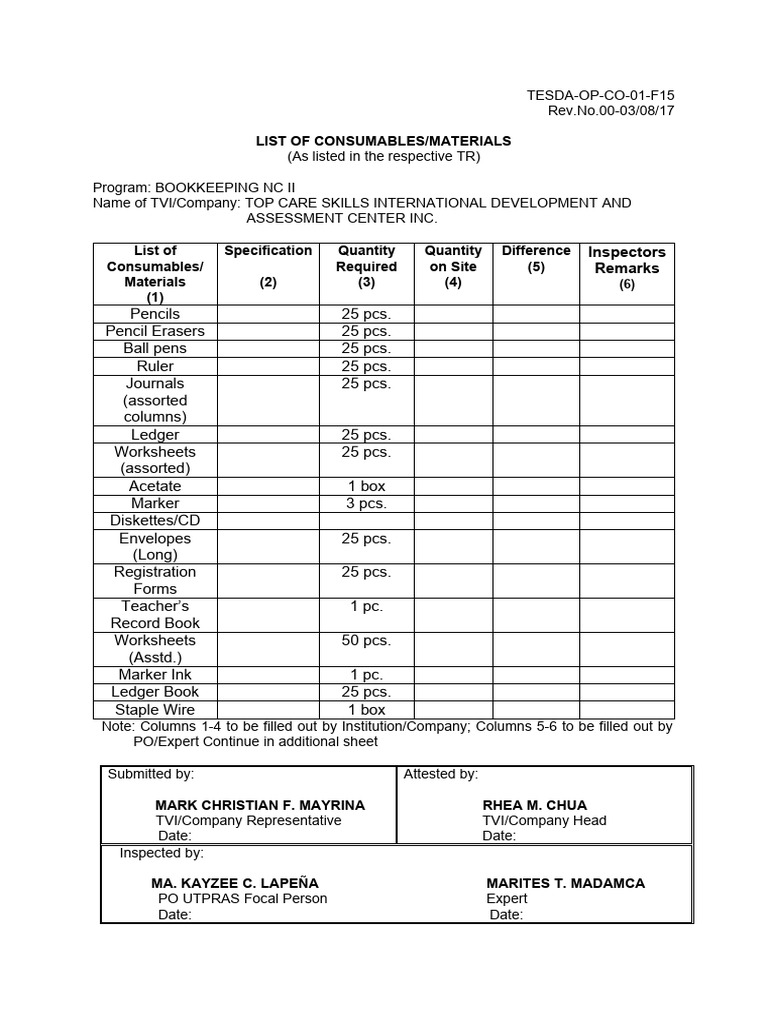 List of Consumable Materials For Bookkeeping Nc2 PDF