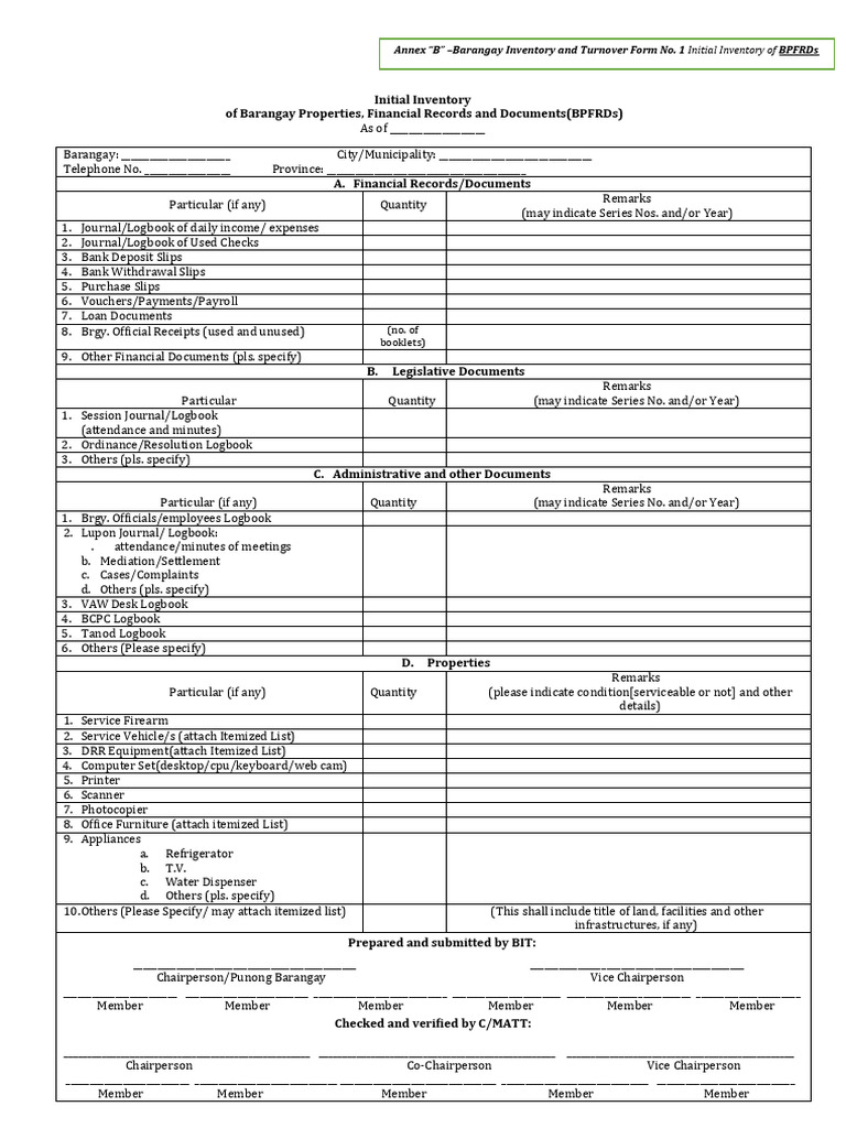 Barangay Inventory and Turnover Form No. 1 Initial Inventory of BPFRDs ...