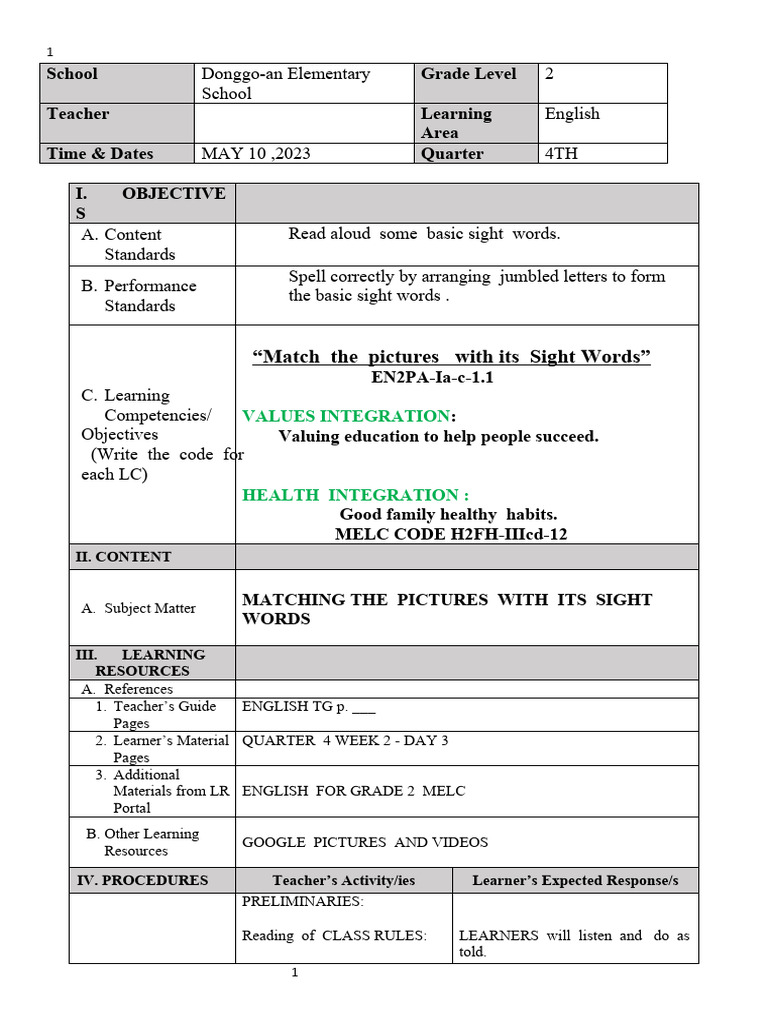 Grade 2 Sight Words Lesson Plan | PDF | Learning | Teachers