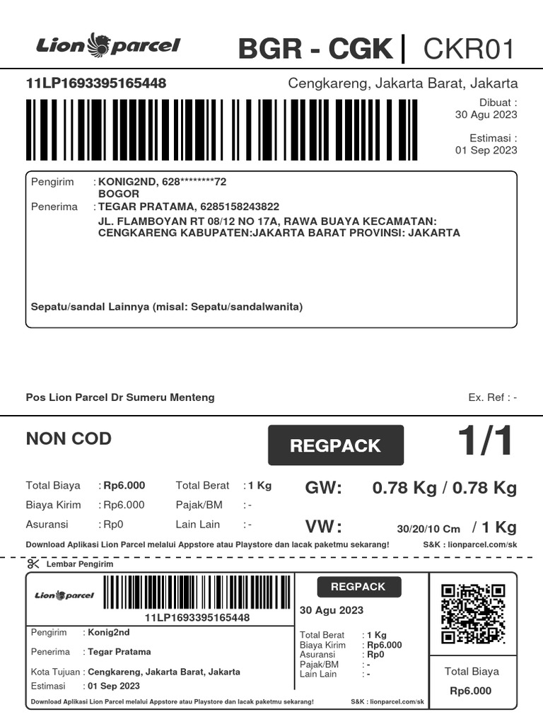 Contoh Resi Lion Parcel 2023 | PDF