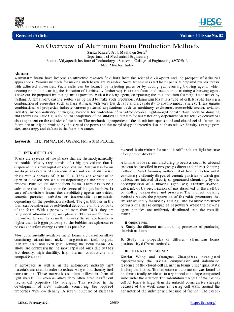 Aluminum Foam Production Methods Overview | PDF | Foam | Strength Of ...
