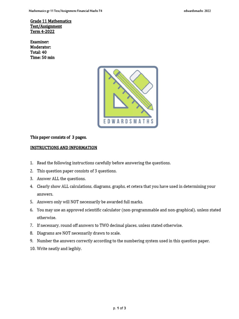 GR 11 Edwardsmaths Test or Assignment Financial Maths T4 2022 Eng | PDF