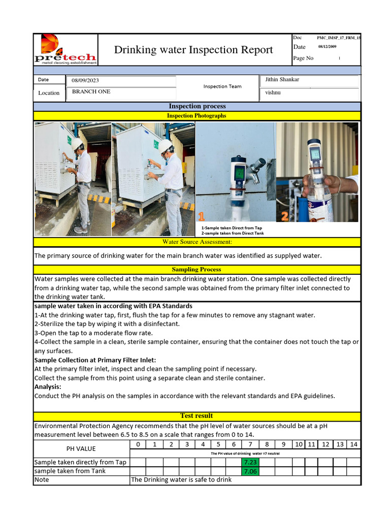 Tap Water Inspection Report | PDF