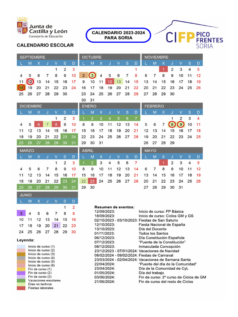 Calendario Escolar SORIA Pico Frentes 2023 2025 PDF