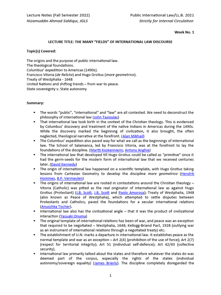 PIL Lecture Notes - Week 1 | PDF | International Law | Political Science