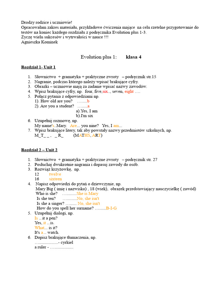 Testy Units 1-8 Evolution Plus 1-3 J.angielski | PDF