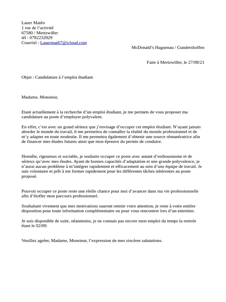 Lettre de Motivation McDonald